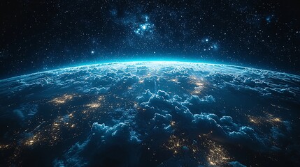 Fototapeta premium Stunning View of Earth from Space at Night with Vibrant Clouds and Twinkling City Lights Below