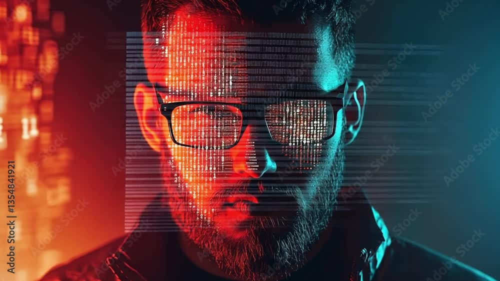 Poster digital interface and man: a close-up shot depicts a man with glasses, overlaid with a digital inter