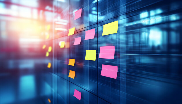 Colorful sticky notes on a modern glass wall, representing project planning, teamwork, and agile methodologies. Perfect for business, technology, and management concepts.