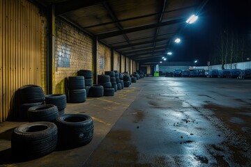 Spacious industrial warehouse interior at night showcasing rows of stacked tires, illuminated by bright overhead lights in a calm and quiet setting.