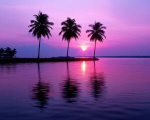 Obraz premium Stunning sunset over calm waters with silhouetted palm trees, creating a serene atmosphere.