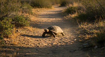 Fototapeta premium Desert Tortoise Walking on a Dirt Path During Sunny Day