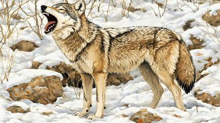 Obraz premium Majestic grey wolf howling in a snowy winter landscape, detailed artistic painting.