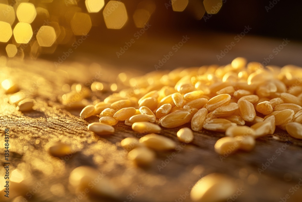 Aufkleber Golden wheat grains rest on a rustic wooden table illuminated by warm reflections and soft lighting, creating an inviting and premium food concept