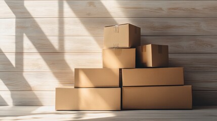 Stacked Brown Cardboard Boxes in Front of Wooden Wall with Soft Shadows and Natural Light Creating a Warm Atmosphere for Minimalist Interior Settings
