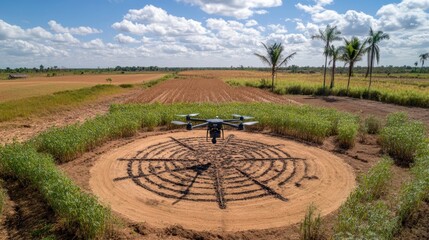A drone over a field prepares for agricultural surveying