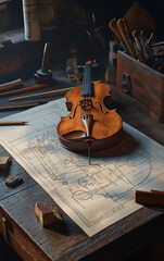 Partially assembled violin on a craftsman’s workbench, surrounded by chisels, sandpaper, and clamps. Warm light highlights the rich wood tones and vintage workspace.