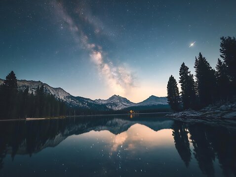 Milky Way Reflecting on Mountain Lake.