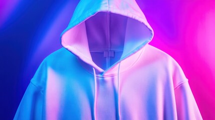 A white hooded sweatshirt highlighted with vibrant blue and pink lights