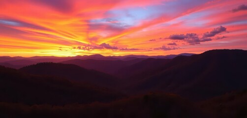 Vibrant sunset paints Appalachian peaks in fiery hues, Blue Ridge Parkway vista, destination, fiery