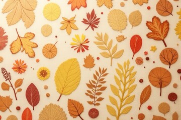 A colorful pattern of leaves and flowers is embroidered onto a white background. The design is full of vibrant colors and intricate details, creating a sense of warmth and natural beauty