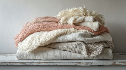A tactile still life featuring a variety of textured fabrics, such as knitted wool, silky satin, and rough linen, layered artfully against a neutral background.