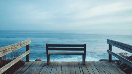 Coastal Ocean View With Wooden Benches