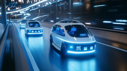 Fototapeta premium Futuristic self-driving cars speeding on a highway at night.