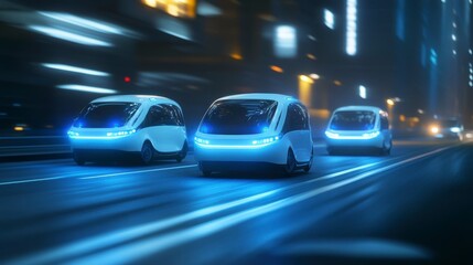 Three autonomous white electric vehicles driving on a city street at night.
