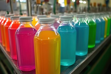 Vibrant Colorful Bottles of Fruit-Flavored Drinks Ready for Packaging in a Modern Beverage Manufacturing Facility