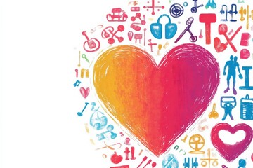 Vibrant Heart-Shaped Collage of Health and Wellness Icons Illustrating Connection Between Fitness, Care, and Medical Elements in Colorful Artistic Style