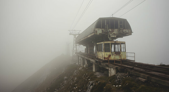 Dilapidated Cable Car Station Standing Amidst Dense Fog on Mountain Peak - Powered by Adobe