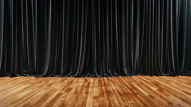 Elegant Black Stage Drapes with Smooth Wood Floor, Perfect for Performances, Events, Presentations, and Theatrical Productions in an Indoor Setting