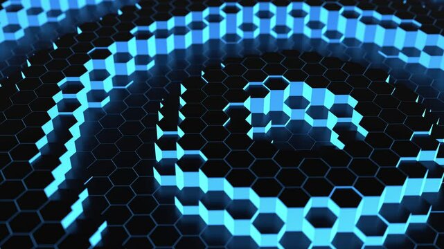 blue neon glow hexagon pattern waves background 3d animation loop. Can be used to represent a futuristic geometric pattern, sci-fi glowing effect concept or network information vibrant