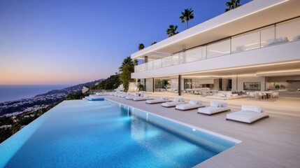 Fototapeta premium A luxurious modern home featuring a pool overlooking the ocean