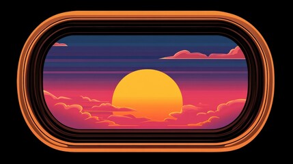Vibrant Sunset View Through a Round Window with Golden Sun and Colorful Clouds Illustrating Serenity and Natural Beauty