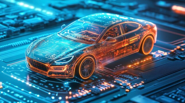 Futuristic electric car concept on a circuit board, showcasing technological advancement and innovation in automotive design.