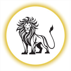 Majestic Lion Standing Vector Illustration,Black and White Lion Line Art Design,Fierce Lion Silhouette with Detailed Mane,tribal Style Lion Artwork for Logo