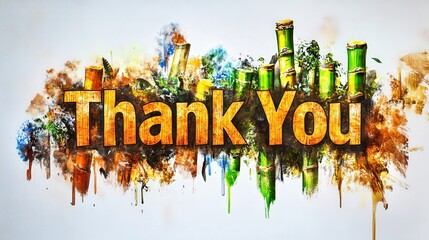 Vibrant Thank You Graphic Featuring Colorful Bamboo and Artistic Splash Effects for Expressing Gratitude in Modern Digital Designs and Marketing Materials