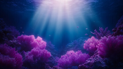 Fototapeta premium Sunbeams Underwater with Glowing Pink Coral and Blue Ocean Light 
