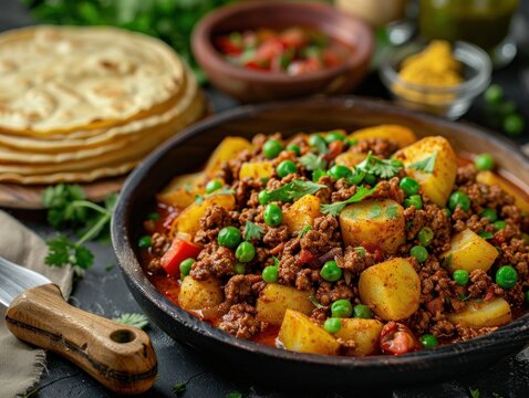 Warm picadillo featuring ground beef, potatoes, and peas alongside fresh tortillas creates a comforting family meal