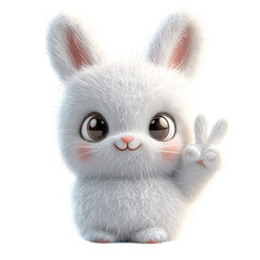 Fluffy 3D Cartoon White Rabbit Making a Peace Sign Isolated on Transparent Background
