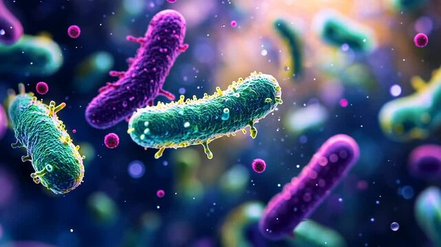 Colorful microscopic view of bacteria showcasing various shapes and sizes with vibrant patterns in a scientific context