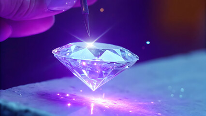 sparkling diamond with glowing core is delicately suspended, reflecting vibrant colors and light. scene captures elegance and beauty