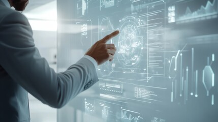 A businessman navigating a futuristic digital interface, exploring complex data visualizations with intuitive gestures, illuminated by soft, cool light.