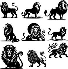 lion silhouettes collection of nine black and white lion silhouettes in various poses, perfect for logos, branding, or graphic design projects.