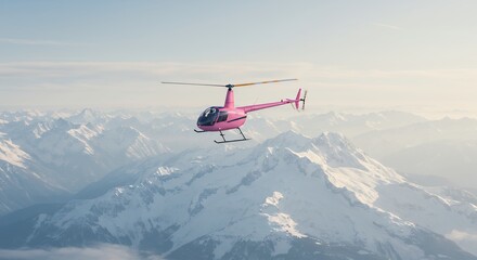 Pink helicopter flies over the snow covered Alps mountains on a sunny day