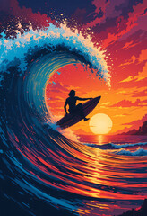 Surfer sunset ocean wave art.