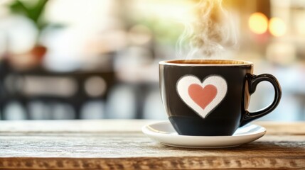 Warm Coffee Cup with Heart Design Emitting Steam on Wooden Table in a Cozy Caf&eacute; Setting, Evoking Comfort and Serenity in Morning Rituals
