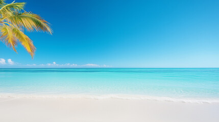 Fototapeta premium Idyllic Tropical Beach with Palm Tree, White Sand, and Clear Turquoise Water 
