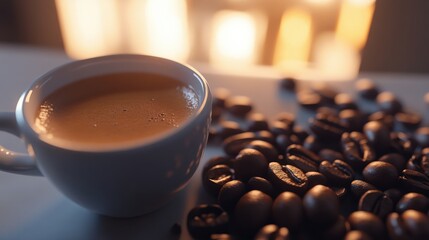 Warm Cup of Coffee Surrounded by Freshly Roasted Coffee Beans on a Soft Focus Background That Evokes a Cozy Atmosphere for Coffee Lovers and Enthusiasts