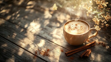 Warm Cup of Coffee Surrounded by Nature, Sunlight Streaming Through Leaves, Cinnamon Sticks, Delicate Flowers and Butterflies in Soft Focus Background