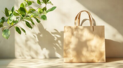 Warm Natural Light Casting Shadows on a Simple Brown Paper Shopping Bag Against a Minimalist Background with Green Leaves for Eco-Friendly Concept