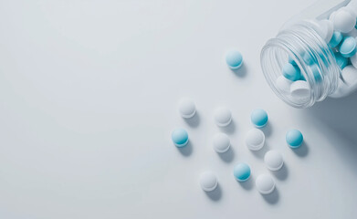 A close-up image of blue and white capsules spilling out of a bottle onto a light-colored surface, representing medication and health care.
