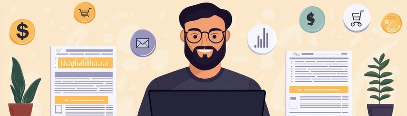 Obraz premium Professional man working on laptop with data analytics and graphs