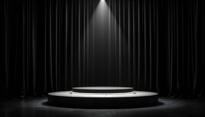 A dramatic spotlight illuminates an empty stage, shrouded in dark velvet curtains, ready for the grand reveal of a momentous performance.