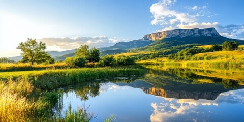 Serene Mountain Landscape with Reflection in Calm Water at Sunset