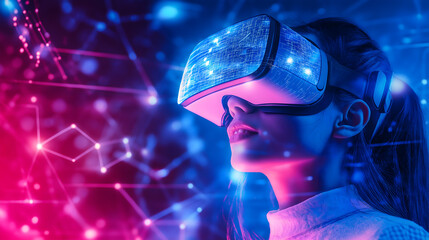 A woman wearing a virtual reality headset is looking at a colorful background