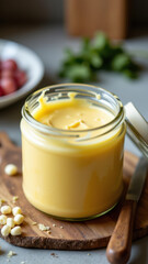 A jar filled with creamy yellow-colored beef tallow on a wooden cutting board.