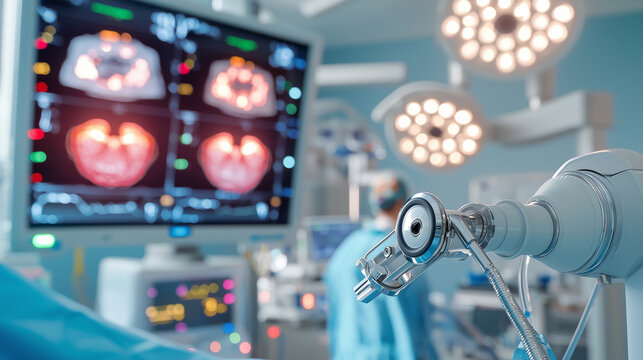 Surgical Precision â Close-up of surgical instruments in use during a critical operation, with vital signs glowing on monitors in the background.
